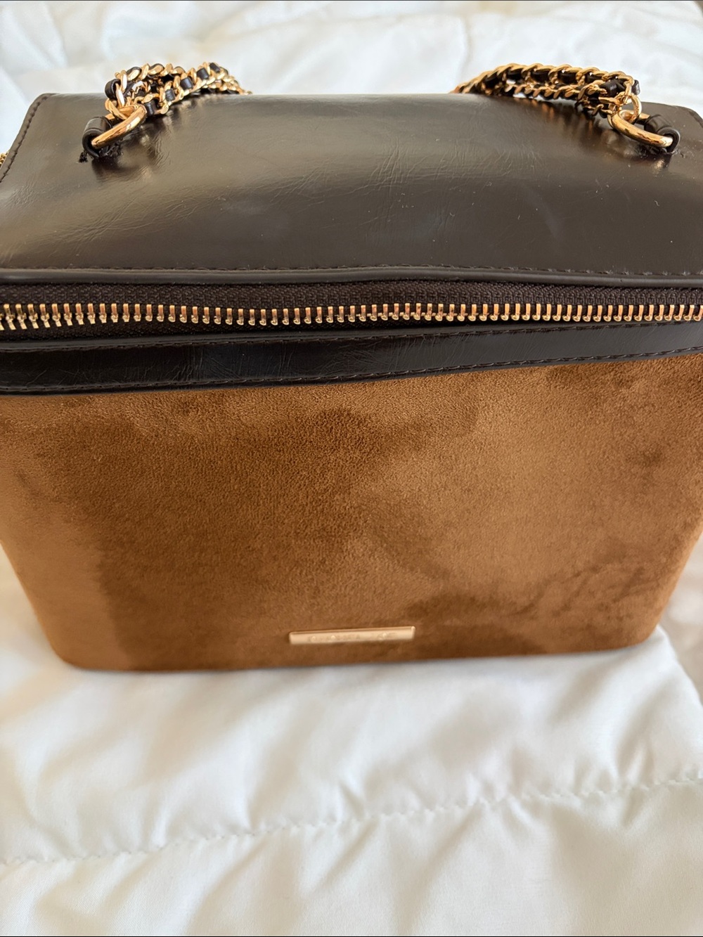 Rachel Zoe Brown Faux Suede and Brown Faux Leather Chain Toiletry Bag